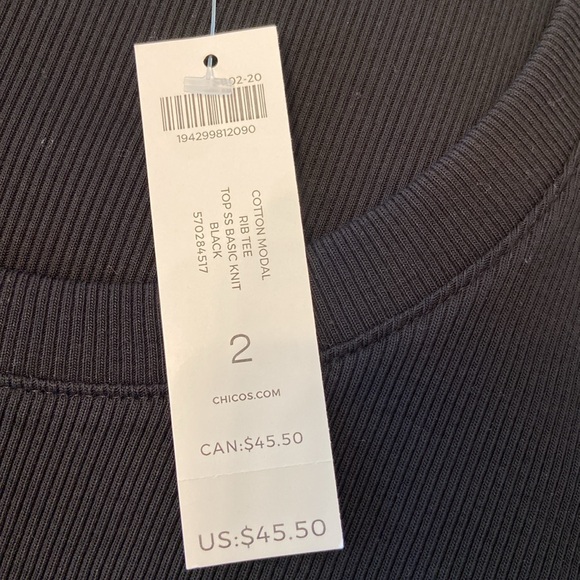 NWT Chico’s Black Cotton Modal Rib Tee SS Basic Knit Size 2 US Large - Picture 8 of 11